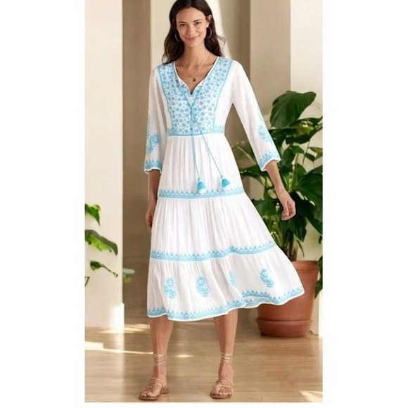 Soft Surroundings Dresses & Skirts - Soft Surroundings Juniper Embroidered XL White Turquoise Summer Graduation Dress